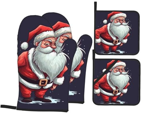 Mitaines De Cuisine Impression Drôle De Père Noël Professionnel Gauntlet Anti Chaleur Maniques Cuisine pour Femmes Cuisson Four,4 Pièces
