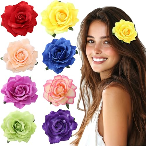 8 Stücke Bunte Rosen Haarspangen Damen, Hawaii Blumen Haarklammer Mädchen, Rose Haarclips Blumen Haarschmuck für Frauen Party Haarstyling Haarnadeln Hochzeit Rot Lila Blau Gelb Haarklammer