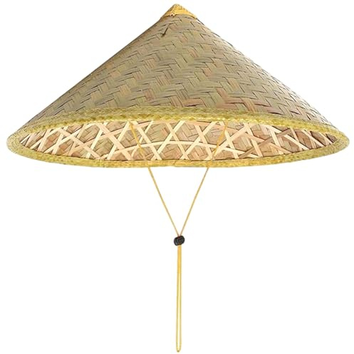 Hperu 1PC Chinese Hat 14 Inch Rice Hat Oriental Conical Bamboo with Adjustable Rope Straw Tourism Rain Cap, Woven Conical Rice Farmer Costume Accessory, Light Yellow