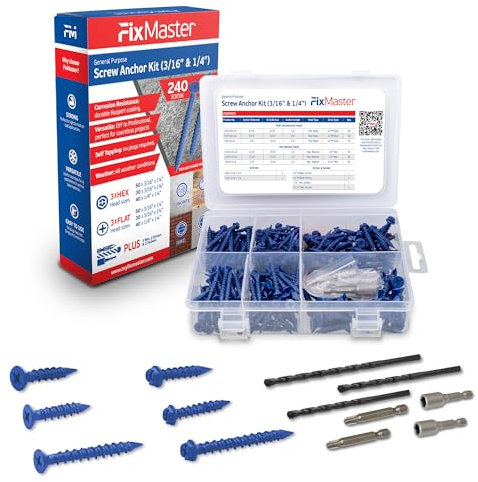 Blue Multi Purpose Blue Concrete Screw Mix Kit - 240 pcs (3/16x1-1/4, 3/16x1-3/4 & 1/4x1-1/4 w/ 2 Sockets & 3 Drill Bits - Use in Concrete, Masonry, Wood & Brick