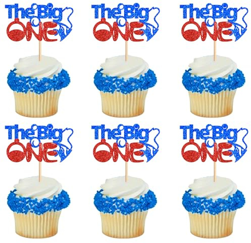 Ercadio 24 PCS Fishing Cupcake Toppers Picks Fishing Birthday Party Cake Decorations for Kids Boys Go Fish Cake Drink Toppers Baby Shower Party Summer Outdoor Fishing Party Cake Decor