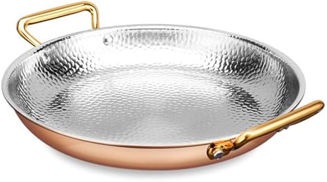 DLAZUM Padella per Paella Spagnola, in Acciaio Inox 304 martellato a Mano, Antiaderente, con Doppio Manico, per Case o ristoranti, 24 cm, Argento.,Pink-20cm