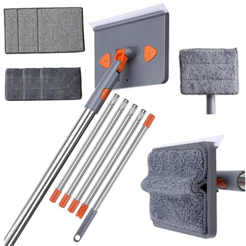 Xoeryoy Wall Mop, 79 Inch Baseboard Cleaning Tool with 6 Reusable Square Pads & 5 Poles, Removable & Hangable Wall Cleaning Mop for Ceiling, Floor, Window, Home &&