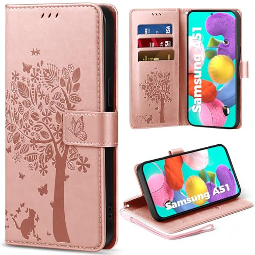 EASDNB Handyhülle für Samsung Galaxy A51 Hülle, Flip Lederhülle Wallet Case mit [3 Kartenfächer] [Magnet] [Ständer] Premium Leder Prägung Schutzhülle Klapphülle für Samsung Galaxy A51, Rosa