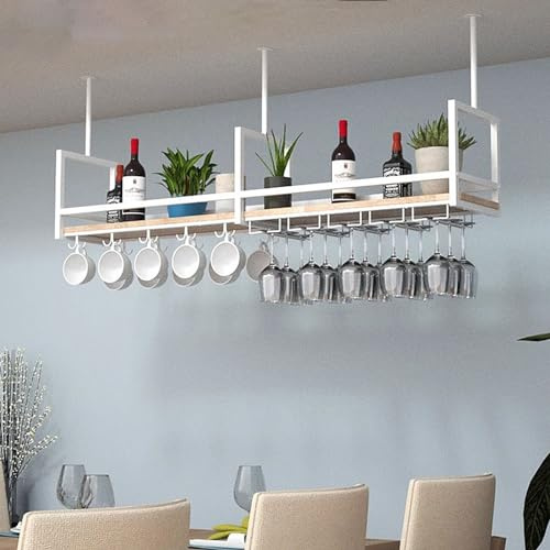 Porte-Bouteilles de vin Suspendu, Porte-Verres à vin de Plafond, étagère à Plantes Suspendue, étagères de Rangement Blanches, étagère Murale, Porte-Verres à vin inversé, Bois If et métal Fer (Un