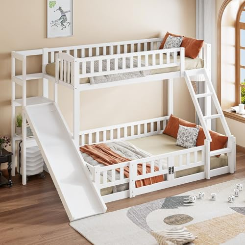KOMHTOM Lit Superposé en Bois Multifonctionnel, 90 x 200cm et 140 x 200cm, avec Barrières de Sécurité, Escalier, Toboggan et étagère(sans Matelas) (140 x 200cm)