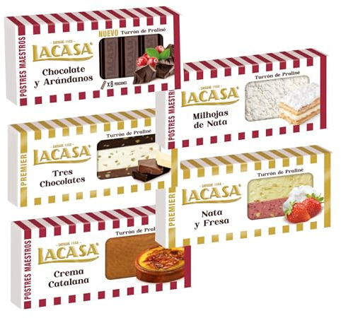 Pack Surtido 5 Turrones Lacasa:Chocolate y Arándanos, Crema Catalana, Milhojas de Nata, Nata y Fresa, Tres Chocolates