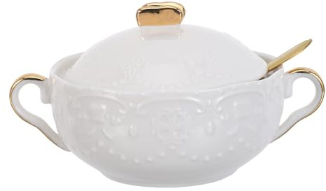 STAHAD Ciotola Dessert Ceramica con Manici e Coperchio Scodella Antiscivolo per Frutta Zuppa Gelato Include Cucchiaio Design Rilievo per Uso Domestico