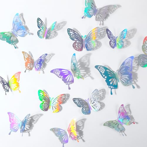 48Pcs 3D Laser Sivery Butterfly Wall Decor 2 Styles 3 Sizes Metallic Laser Butterflies Sequin Centerpieces Iridescent Sticker Removable Party Baby Shower Decoration Wedding for Birthday Cake Cupcake