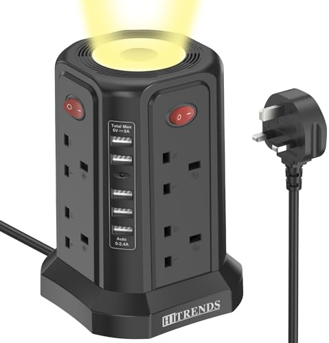 HITRENDS Tower Extension Lead with USB Slots and Night Light, 8 Way Multi Plug Power Strip Tower with 5 USB Ports (13A 3250W), 4 Independent Switches, 1.8M Cable for Home Office Desk