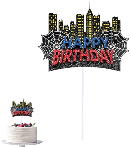 SAVITA Spider Cake Topper, Spider Theme Happy Birthday Cake Topper with White Sticks & Transparent Tapes for Boys Girls Cartoon Birthday Party Decoration Supplies