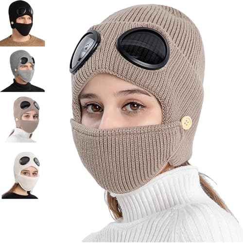 WYLFYJP Bonnet Unisexe 3 en 1 Maille avec Lunettes intégrées, Chapeau aviateur Chaud et Tendance for l'hiver Les Sports de Plein air, Masque Cache-Oreilles(Khaki)
