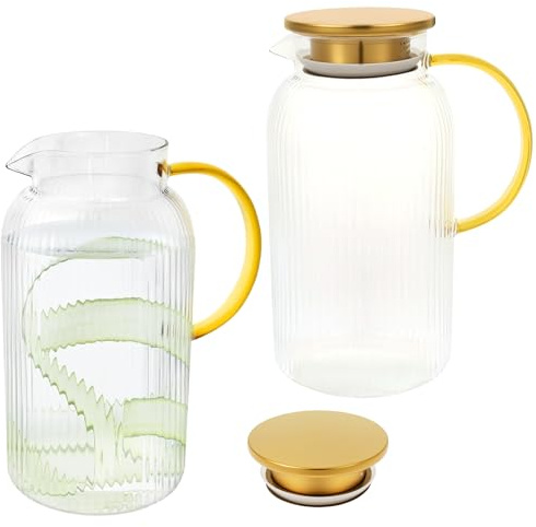 2 jarras de agua con tapa, jarra de agua de cristal de 2 litros con tapa de acero inoxidable, resistente al calor, hervidor de agua de vidrio de borosilicato, ideal para café, agua caliente, té helado