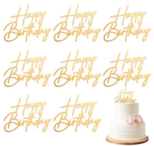 10 Pcs Gold Happy Birthday Cake Topper, Side Acrylic Happy Birthdays Sign for Birthday Party Cake Dessert