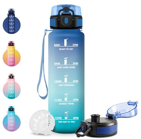 JAPORIA Borraccia Sportiva 1Litro, Borracce con Filtro e Time Tracker, Borraccia Riutilizzabile Senza BPA, Antigoccia, Bottiglia Acqua Adulto, per Sportiva, Bici, Viaggio, Gym, Ciclismo