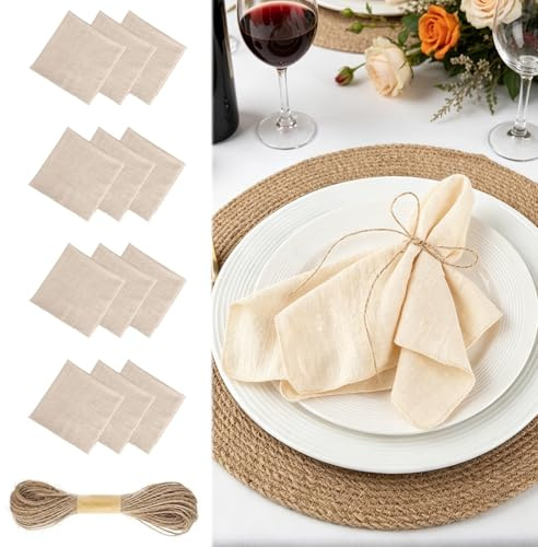 12 Stück Stoffservietten Baumwolle, 42x42 cm Stoffservietten Beige, Baumwolle Musselin Servietten Stoff Tischservietten Abwaschbare für Familienfeiern Hochzeit Geburtstag Restaurant Partys