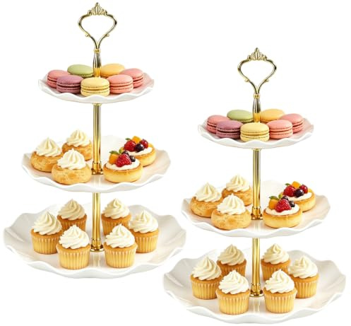 Aoyfuwell Pack of 2 Large Stable 3-Tier Cupcake Stand 36cm Height | Plastic Cake Stand Pastry Round Display,for Wedding Birthday Graduation Afternoon Tea Party (White)