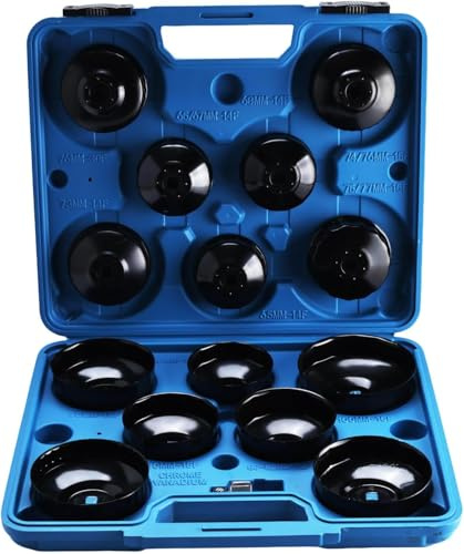 BOOMSTART 15 st. Universellt oljefilter nyckel set – 14 oljefilterkåpor (65–100 mm) av stålplåt 3/8 tum & 1/2 tum adapter – oljefilternyckel för alla vanliga filter