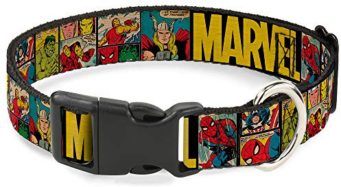 Buckle-Down MARVEL/Retro Comic Panels Plastic Clip Collar, Black/Yellow, 1 Wide - Fits 11-17 Neck - Medium