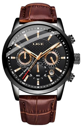LIGE Armbanduhr Herren Lederarmband 3 ATM Wasserdicht | Herrenarmbanduhren Chronograph Retro Herrenuhren Männer Vintage Analog Uhren mit Datumsanzeige Mens Watches for Men