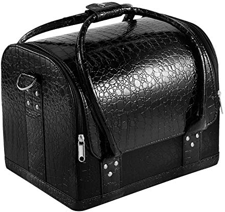 Kosmetikkoffer Schminkkoffer Große Make-Up Tasche Kosmetik Multikoffer, Faltbare Und Abnehmbare Kunststoffebox Innen, Mit Schultergurt, Glanz Schwarz