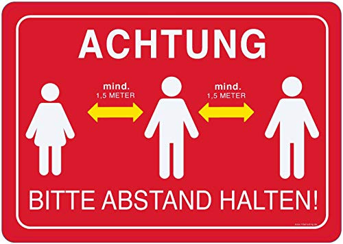 Aufkleber Achtung Bitte Mind. 1,5 Meter Abstand halten! selbstklebend Hinweisschild Warnhinweis 25x17,5cm rot Made in Germany by MBS-SIGNS