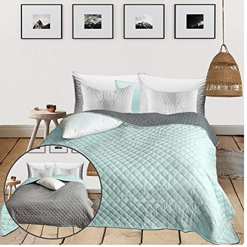 HOMELEVEL Tagesdecke Bett & Sofaüberwurf 220cm x 200cm Bettüberwurf Sofa Tages Decken Betthusse XXL Decke Überwurf Mint/Grau