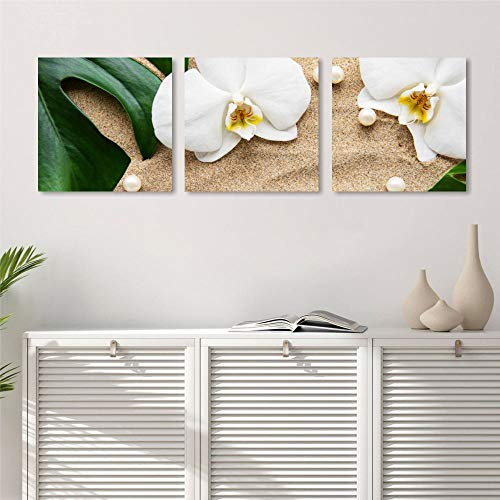 Quadri L&C ITALIA Tris Orchidée blanche – Tableaux pour salle de bain moderne Zen avec fleurs blanches sable et feuilles – Quadrillage mural 25 x 25 cm Impression sur toile canvas
