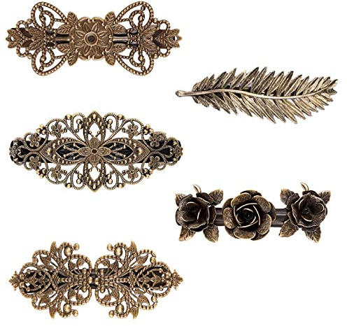 5 st franska vintage hårspännen, retro vintage fransk hårspänne i metall, metall brons hårklämmor, ros, blomvåg fjäder, krona, för kvinnor eller flickor gåva