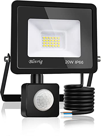 Blivrig Projecteur LED exterieur Detecteur de Mouvement 20W Blanc Froid 6500K, 2000LM Mur Spot LED extérieur avec Capteur, PIR Phare Puissant, IP66 Lampe de Sécurité, pour Jardin Terrasse Garage | Blanc Froid 6000K, IP66 Étanche, 120° Éclairage, Spot LED Exterieur pour Jardin Terrasse Garage