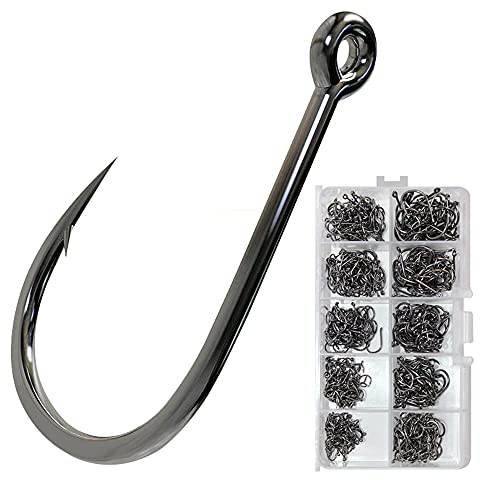 ANCLLO 10 Größen Edelstahl Salzwasser Angelhaken – 500 Stück Haken geschmiedet langer Schaft J Angelhaken extra starke Metallfischhaken Größe 2#-12#