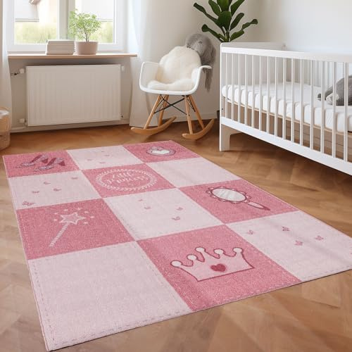 SIMPEX Kinderteppich Rosa 140x200 cm Prinzessin-Design Modern rutschfest Waschbar Pflegeleicht Extra Weich Antiallergen Babyteppich Kinderzimmer Mädchen Teppich