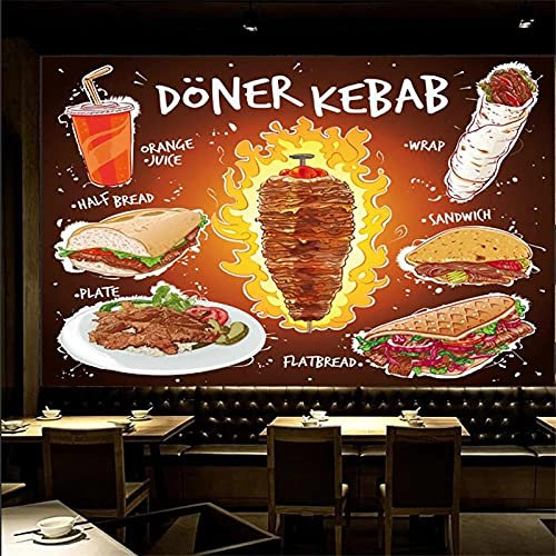 Honony Assiette à sandwich à pain plat Kebab 3D dessiné à la main avec jus d'orange papier peint Mural Restaurant de restauration rapide-350 * 245 cm