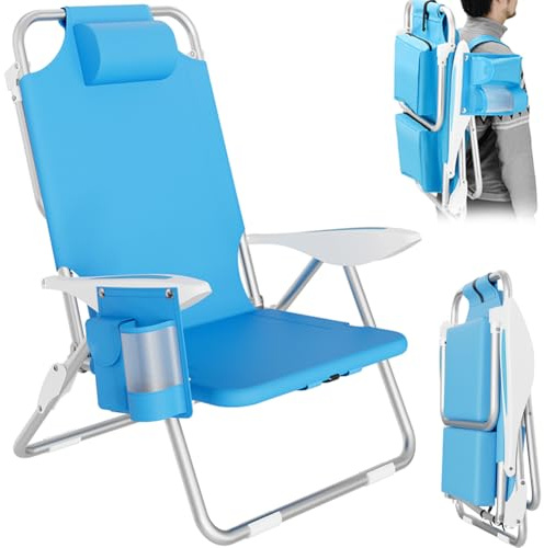 BAKAJI Strandstuhl, faltbar, zusammenklappbar, Gestell aus Aluminium, mit Tasche für alle Gegenstände, integrierte Kühltasche und Rucksackriemen (Blau), Polyester Baumwolle, Unica