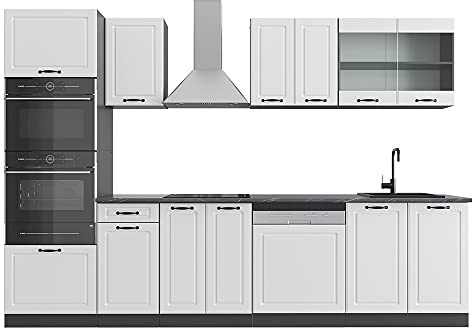 Vicco Küchenzeile R-Line, Weiß Landhaus, 300 cm | 8 Module · Höhenverstellbare Füße · Ohne Arbeitsplatte · MDF-Fronten · Mit Backofen-/Mikrowellenschrank