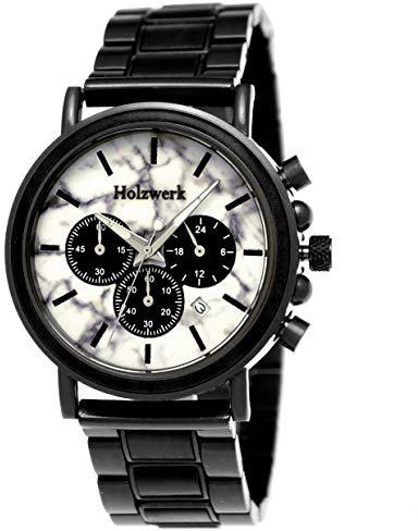 Holzwerk Germany Handgefertigte Designer Herren-Uhr Öko Natur Holz-Uhr Chronograph Armband-Uhr Analog Quarz-Uhr Braun Schwarz Weiß Marmor Stein Datum Holz Ziffernblatt
