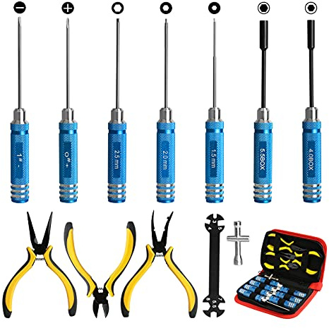 12-teiliges ferngesteuertes Auto-Werkzeug-Set (Hex, Phillips, flach), Zange, Steckschlüssel, Hobby-Werkzeug-Set für Traxxas Arrma RC Auto Drohne Flugzeug Hubschrauber Fahrzeug Multirotoren (blau)
