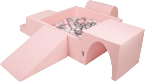 KiddyMoon Spielplatz Aus Schaumstoff Mit Quadrat Bällebad (200 Bälle) Ballgruben Für Babys Spielbad Hindernisläufen, Hergestellt In Der EU, Pink:Perle/Grau/Transparent/Puderrosa