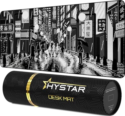 Hystar Gaming Mouse Pad, Soft Textured Cloth Surface, Water Resistant Fabric, 5mm Thick, Bonus Silicone Drink Coaster, Durable Box for Transport, Retro Tokyo Design (Black and White)