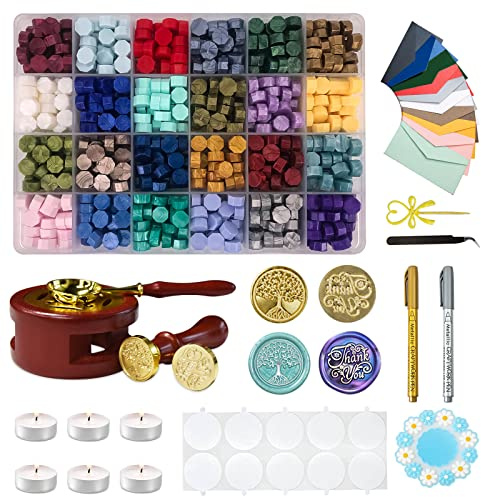 Set Wachsschmelzer, Siegelwachs Perlen Set, 600 Stück Siegelwachs Perlen Set, 24 Farben Siegelwachsperlen mit 4 Weißen Kerzen (A) (SET H)