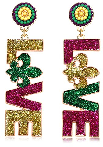 Boucles d'oreilles en perles Mardi Gras pour femme - Violet et vert - Boucles d'oreilles en or - Fleur de lys - Cadeau idéal, Métal, Pas de gemme