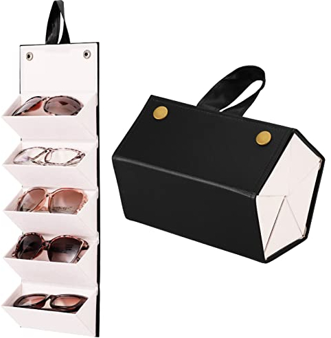 Heyu-Lotus Brillenetui Organizer, Sonnenbrillen Aufbewahrung Brillenbox Faltbaren Brillenhalter zur Aufbewahrung von 5 Brillen, Leder Brillenetui für Damen Herren(Schwarz)