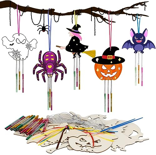 HONMOK 9 Stück Halloween Windspiel Bastelset Halloween Kinder Holz Basteln | Kürbis Hexen Fledermaus Geist Klangspiel Bastelhandwerk zum Bemalen Geschenke für Mädchen Junge Halloween Party