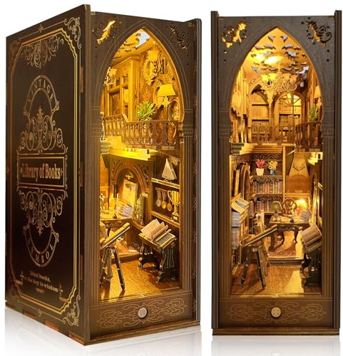 Book Nook Kit DIY Puppenhaus Holz, MOJINO Miniatur Haus Kit Buch Ecke Miniatur Kit Für Erwachsene, 3D Holzpuzzle Bücherecke Bücherregaleinsatz Kits Mit Sensor Led Licht
