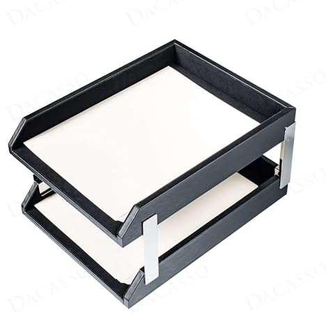 Dacasso Klassisches schwarzes Leder-Briefablage-Set mit silbernen stapelbaren Pfosten – luxuriöses Executive-Dekor und Bürozubehör – Schreibtisch-Oberflächenschutz