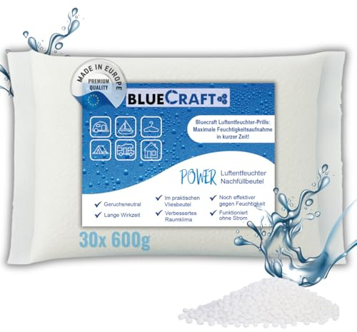 Bluecraft - 30x 600g Luft-Entfeuchter Nachfüllpack Calciumchlorid Prills im Vliesbeutel | Effektiv & Schnell | Raumentfeuchter ohne Strom | Feuchtigkeitskiller, Feuchtigkeitsabsorber