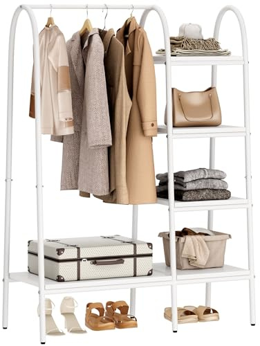 DlandHome Kleiderständer mit Schuhregalen & Taschen, offener Kleiderschrank mit Regalen aus Stahl und MDF, Kleiderständer auf 5 Ebenen, für Wohnzimmer, Schlafzimmer, Geschäfte, 100 x 40 x 150 cm Weiß
