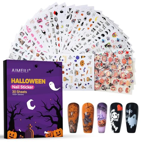AIMEILI Nagelsticker Halloween, 30 Blatt Halloween Sticker Ghost Skull Pumpkin Bat Spinnennetz Nagelsticker Selbstklebend Nail Art Stickers Dekoration Nageldesign Zubehör