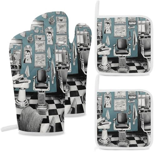 Ofenhandschuhe und Topflappen-Set, 4-teilig, hochhitzebeständig, Küchenhandschuhe, Ofenhandschuhe, rutschfest, wasserdicht, Topflappen zum Backen, Kochen, Grillen