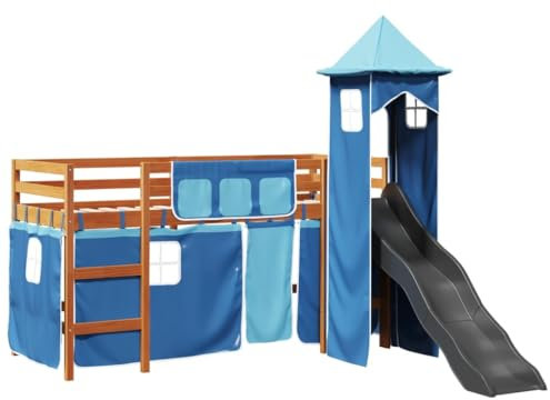 vidaXL Kinderhochbett mit Turm, Hochbett mit Rausfallschutz, Kinderbett mit Leiter Rutsche, Spielbett Etagenbett, Blau 90x190cm Massivholz Kiefer